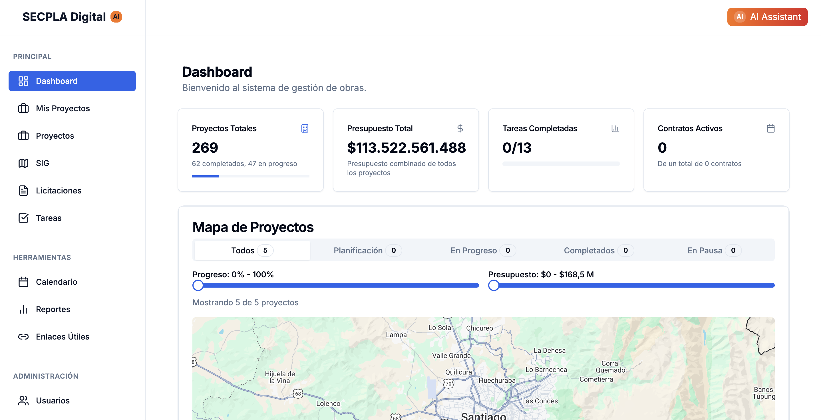SecplaDigital — Dashboard con mapa de proyectos y cartera